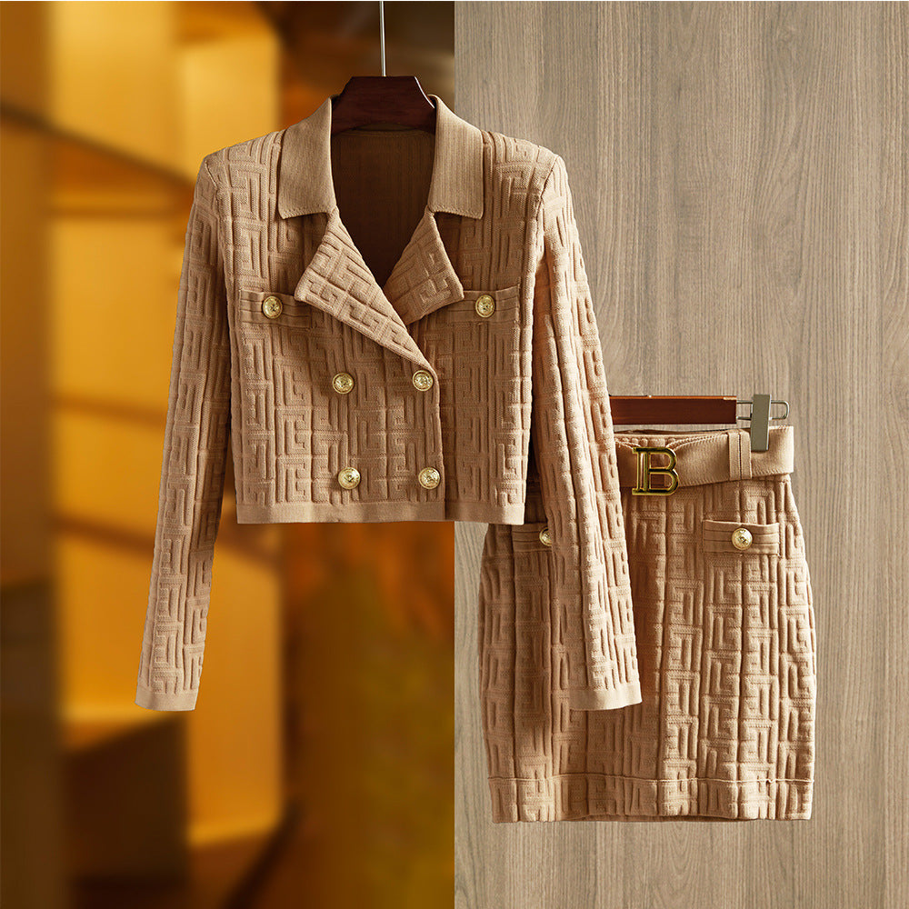 Khaki Jacquard Knitted Collar Two-piece Fashion Suits