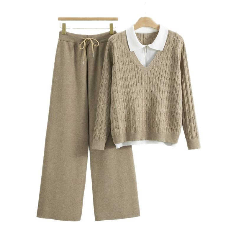 Women's Thickened Collar Fake Two-piece Knitted Matching Wide Fashion Casual Suit