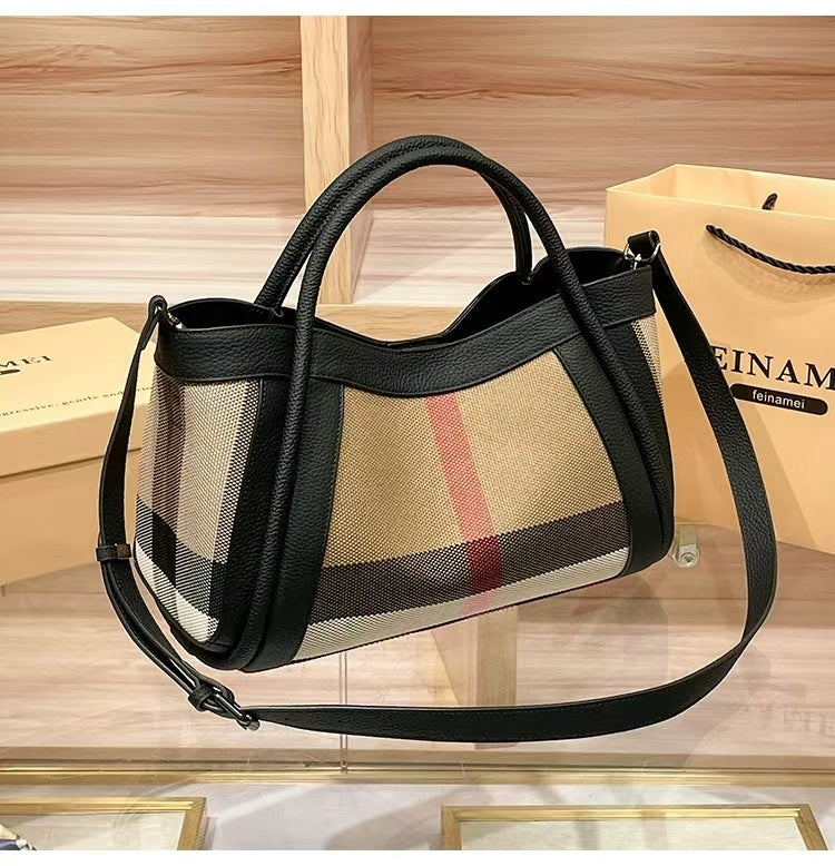 Stylish Genuine Leather Plaid Canvas Vegetable Handbags