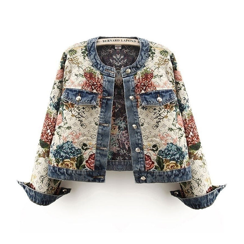 Round Neck Denim Vintage Jacquard Printed Jackets