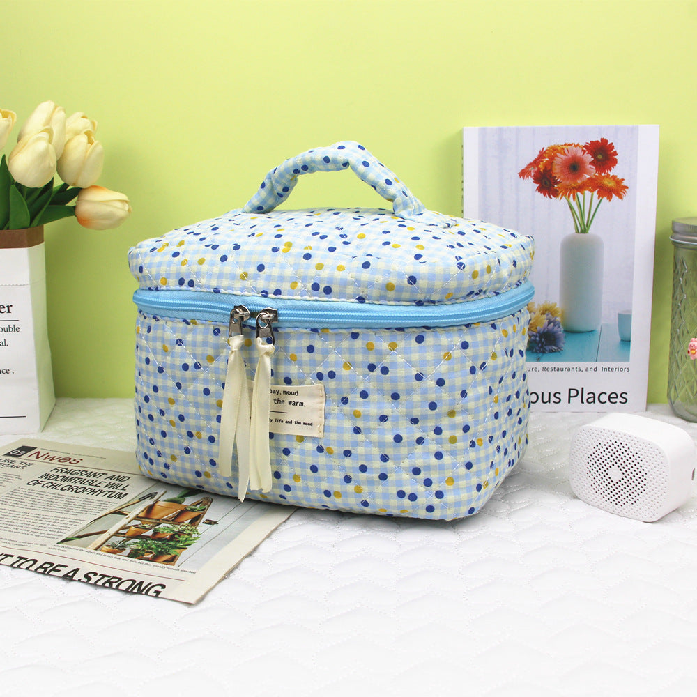 Plaid Love Embroidery Cute Large Capacity Portable Storage Cosmetic Bags