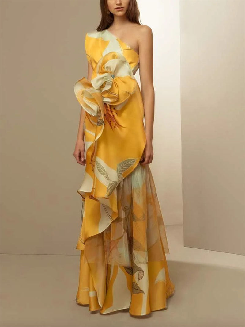 Goods French Retro High Switchover Temperament Casual Printing Sloping Dresses