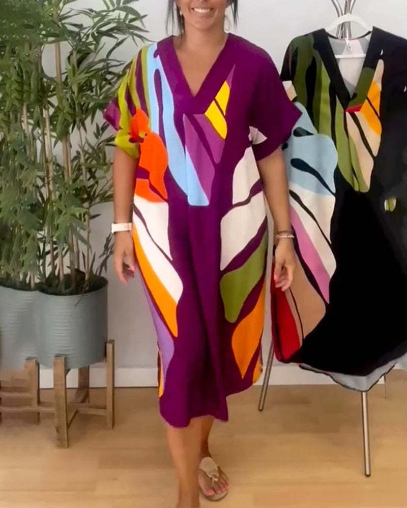 Glamorous Unique Colored Leaves Printed Casual Dress
