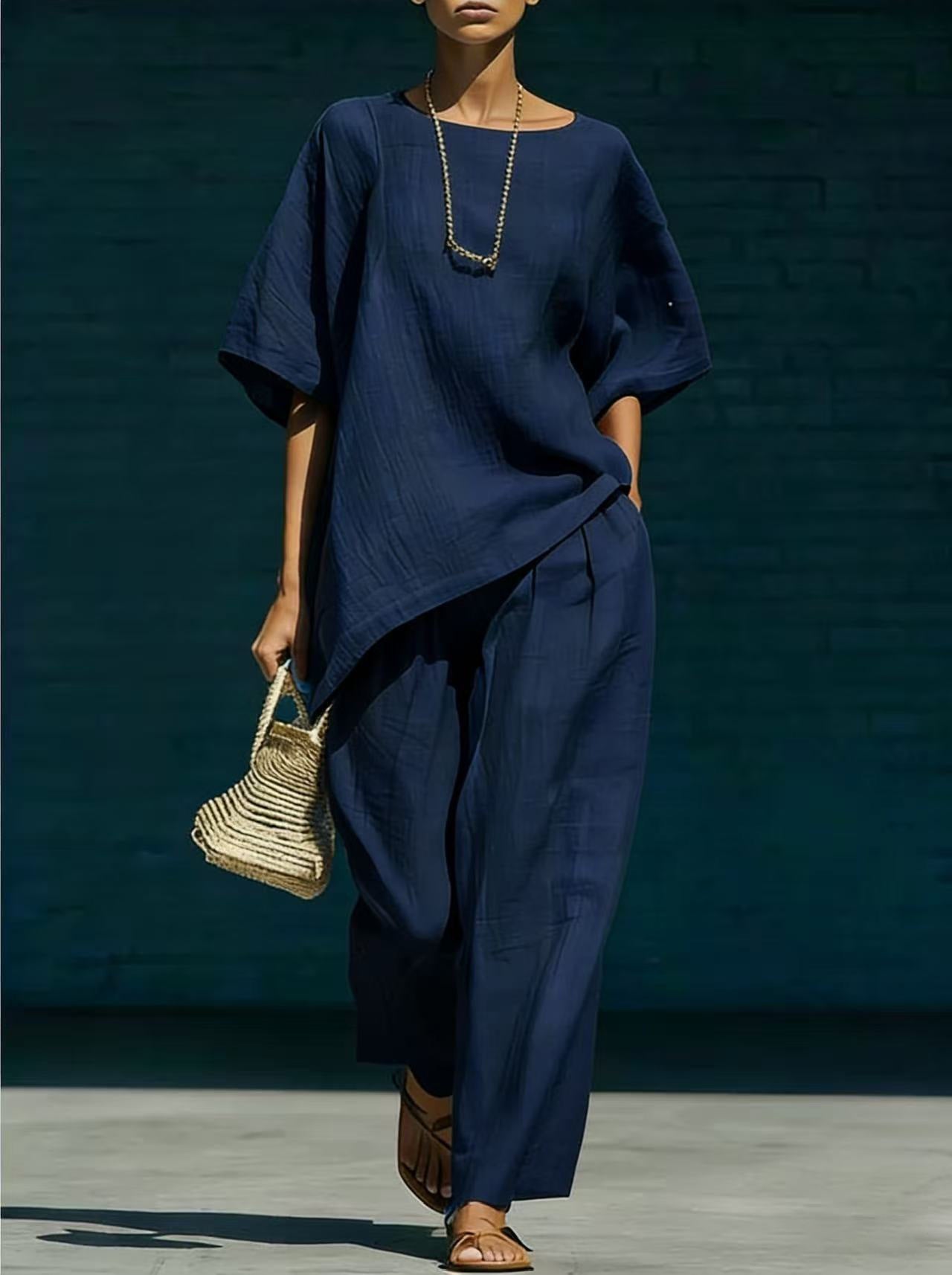 Simple Pleated Idle Style Sleeve Irregular Hem Wide Fashion Casual Suit