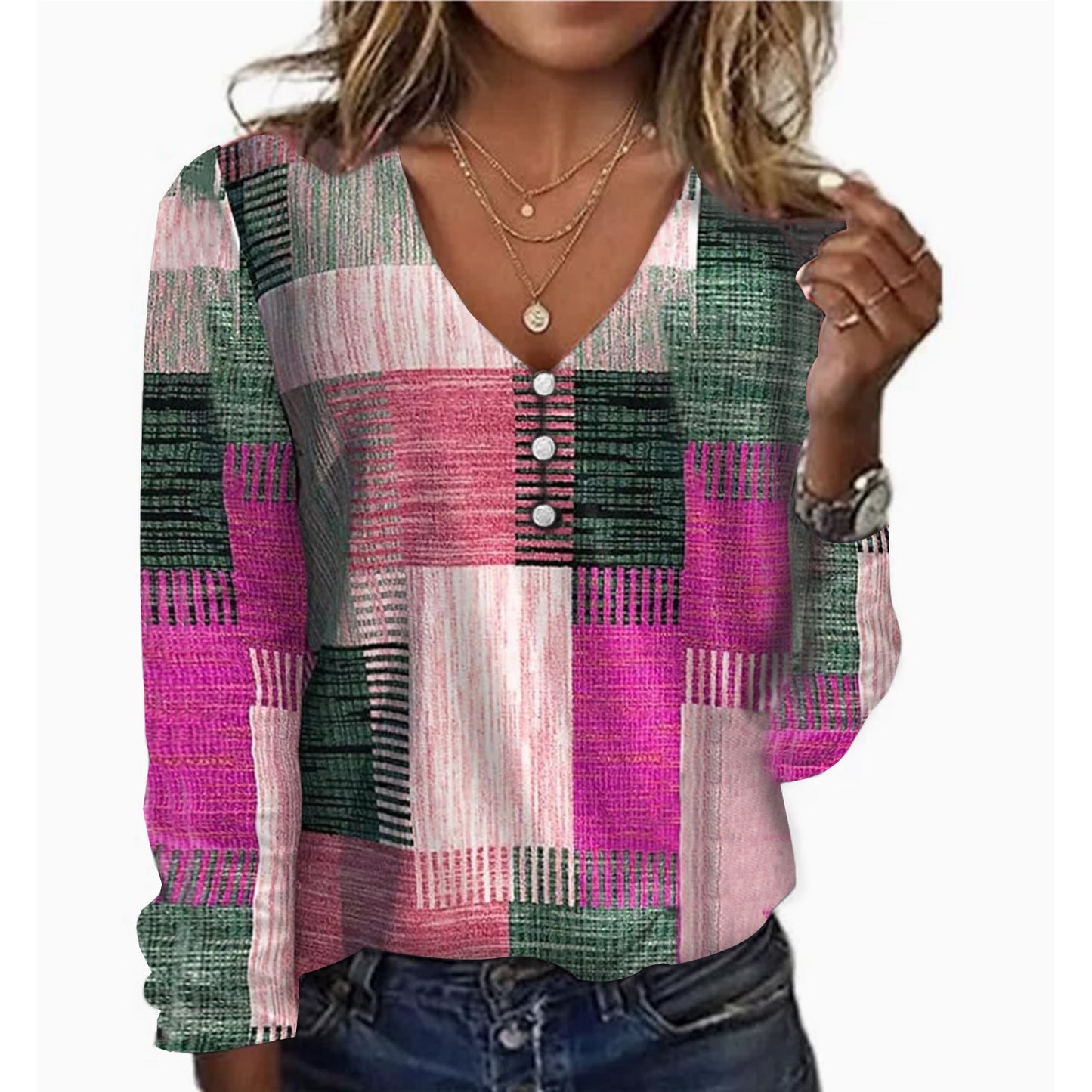 Starry Sky Pearl Button Long Sleeve Women's T-shirt