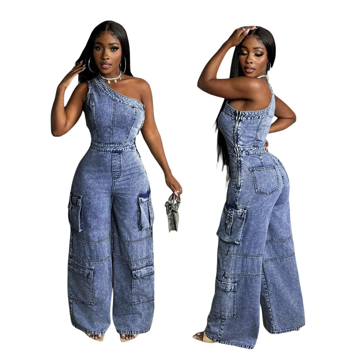 Waist Slim Elastic Wash Denim Wide Jumpsuits