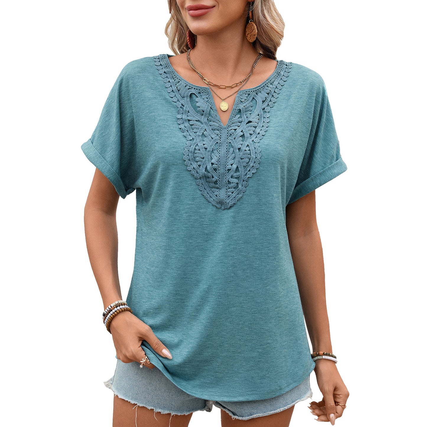 Women's Solid Color Lace Loose Sleeve Women's T-shirt