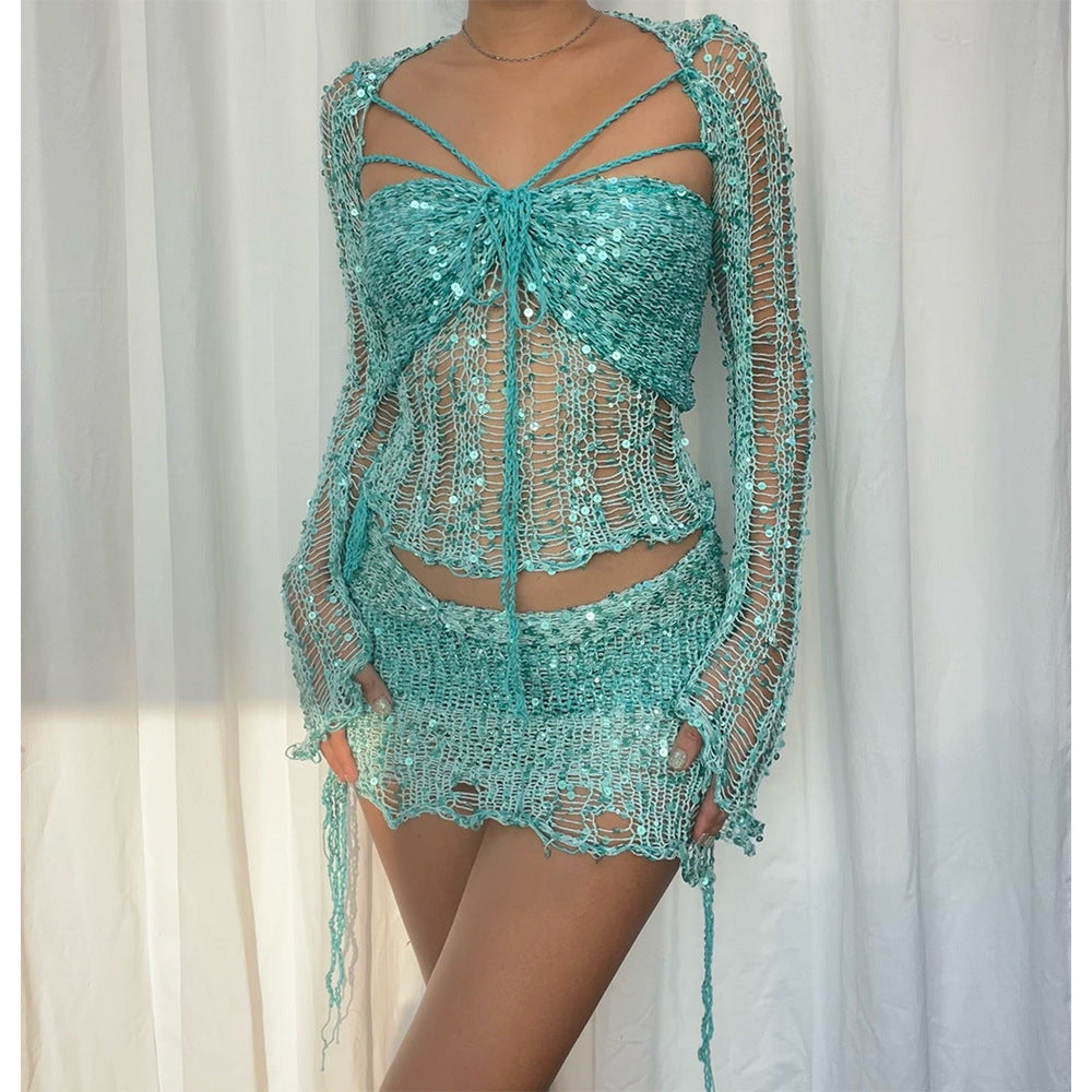 Comfortable Creative Women's Sequin Knitted Three-piece Fashion Casual Suit