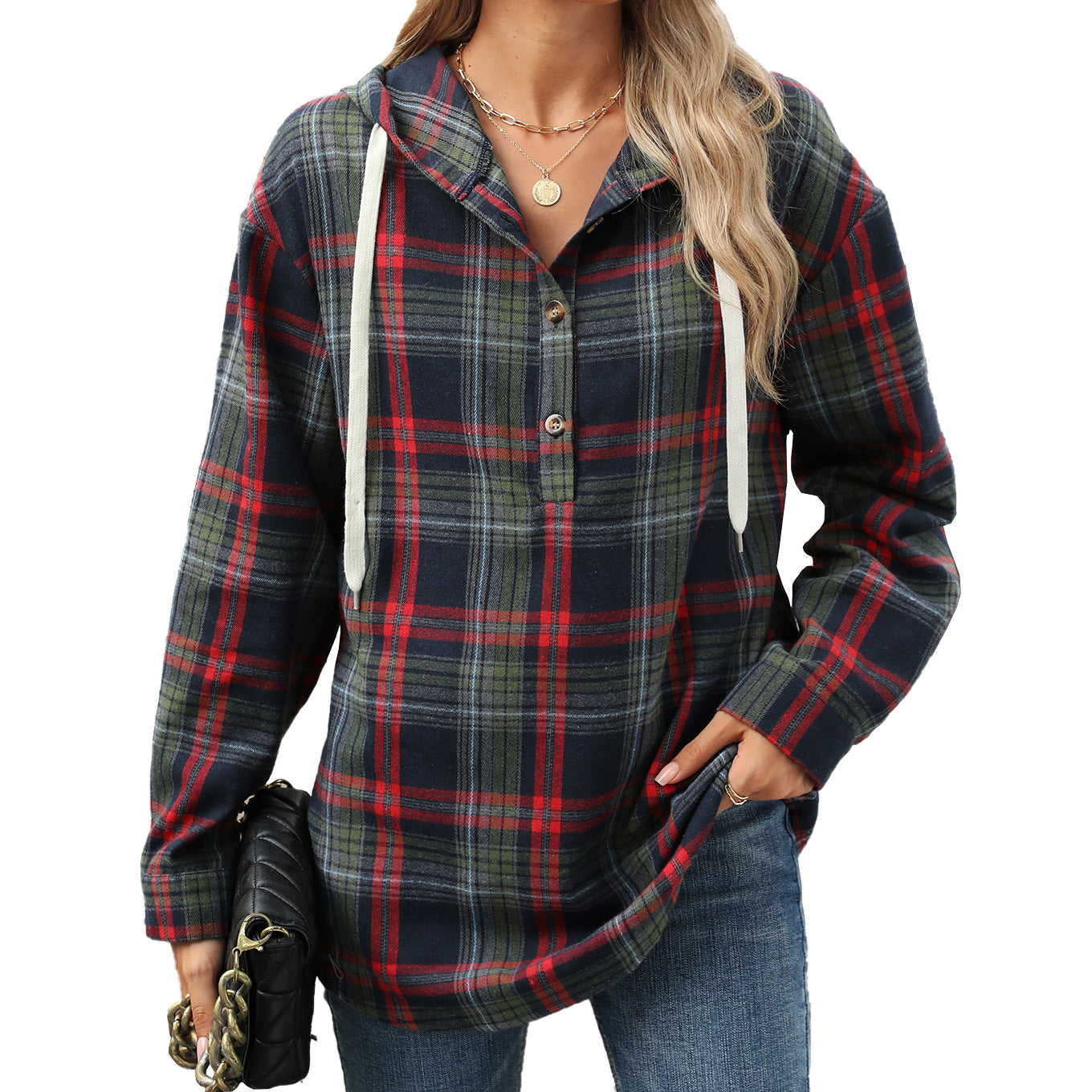 Women's Loose Long Sleeve Hooded Button Plaid Women's Sweater, Sweater