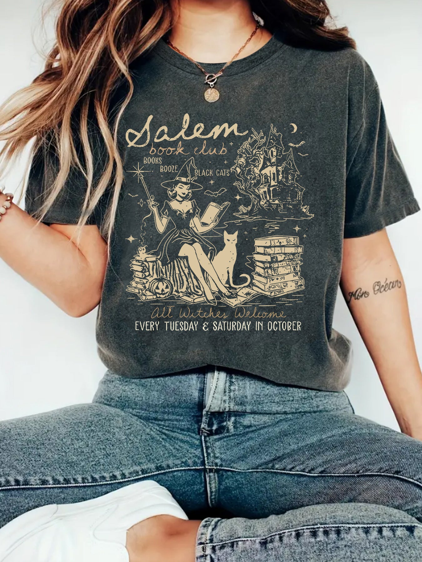Women's Summer Salem Witch Pattern Halloween Printed Round Neck Women's T-shirt