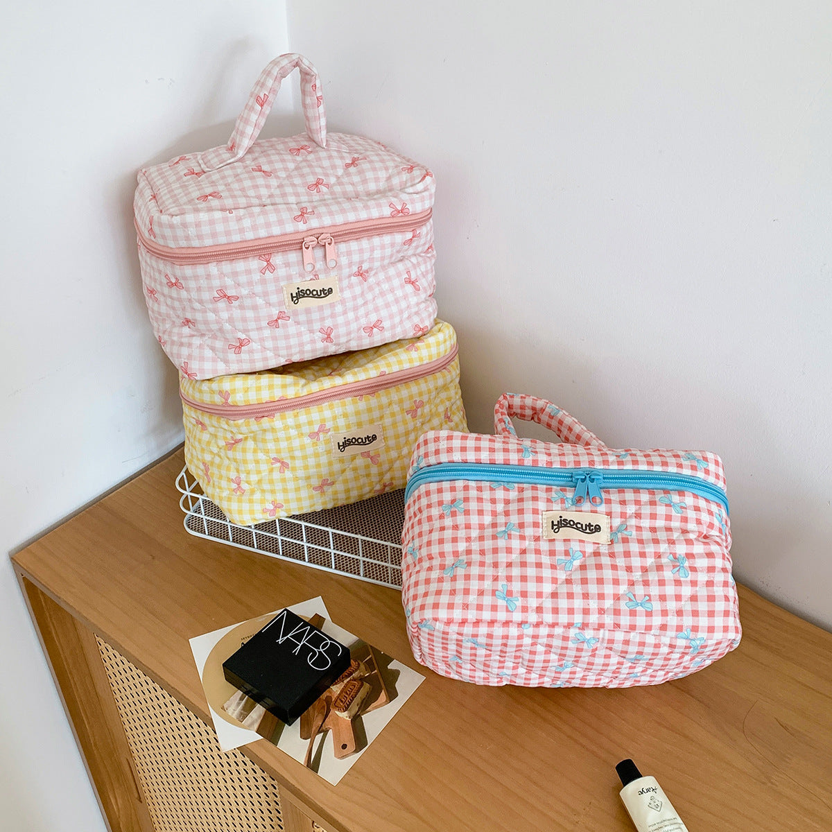 Simple Plaid Korean Style Bow Large Cosmetic Bags