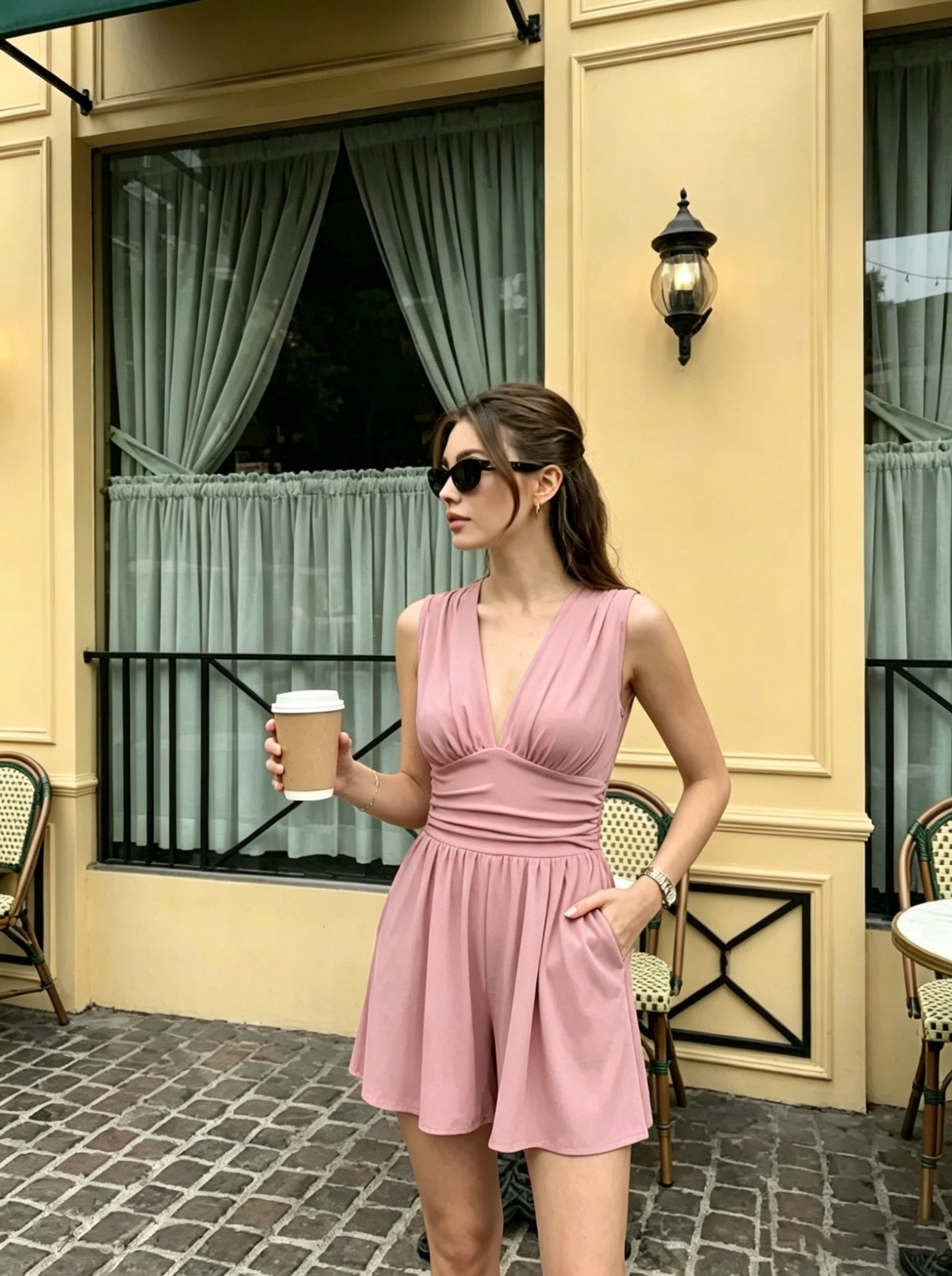 Women's Casual Deep V Stretch Sleeveless Summer Tight Waist Jumpsuits