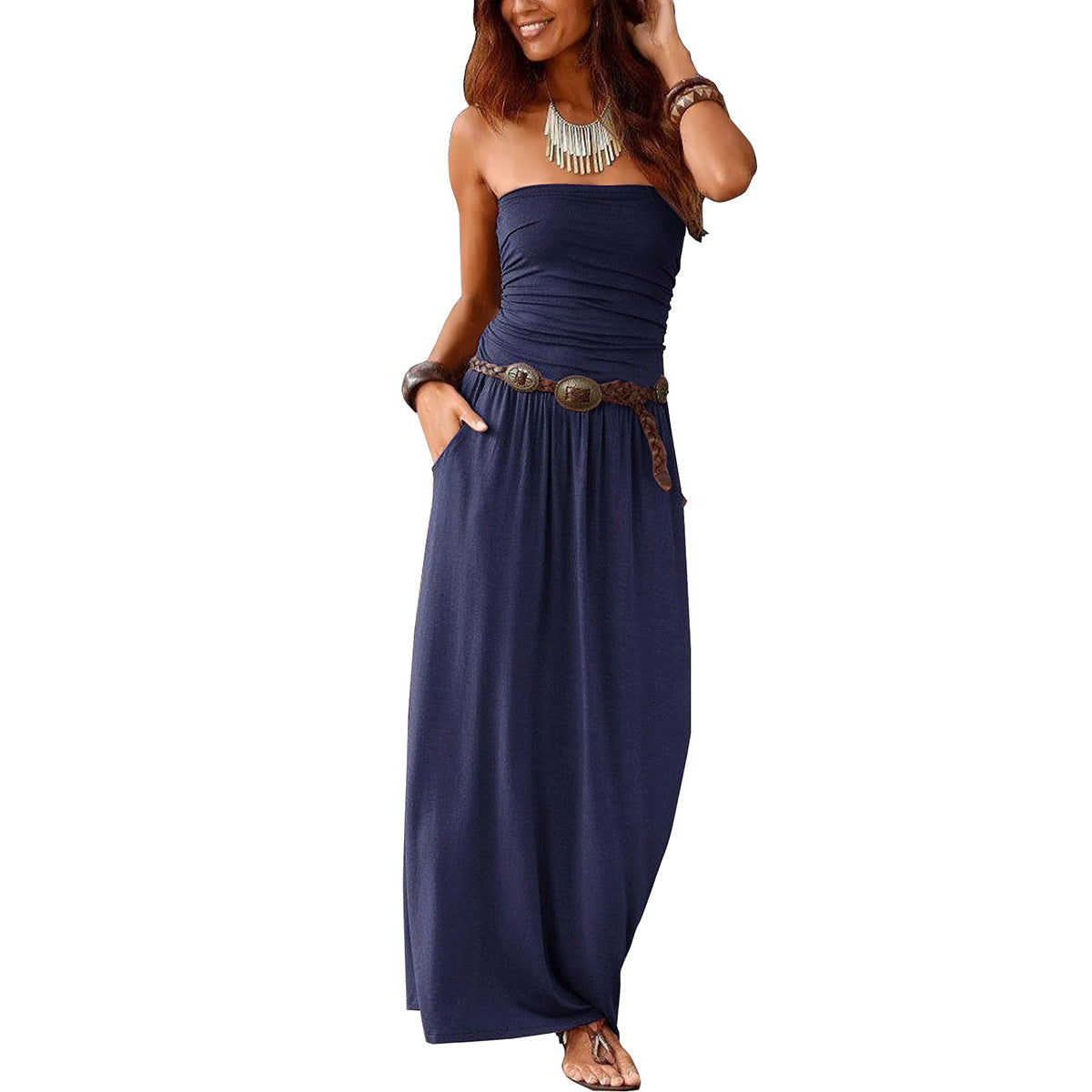 Women's Collar Sleeveless Cold-shoulder Long Double Pocket Dress
