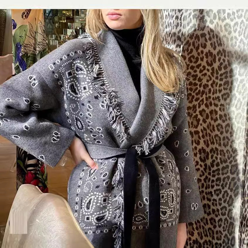 Women's Jacquard Thick Knit Loose Mid-length Tassel Sweaters