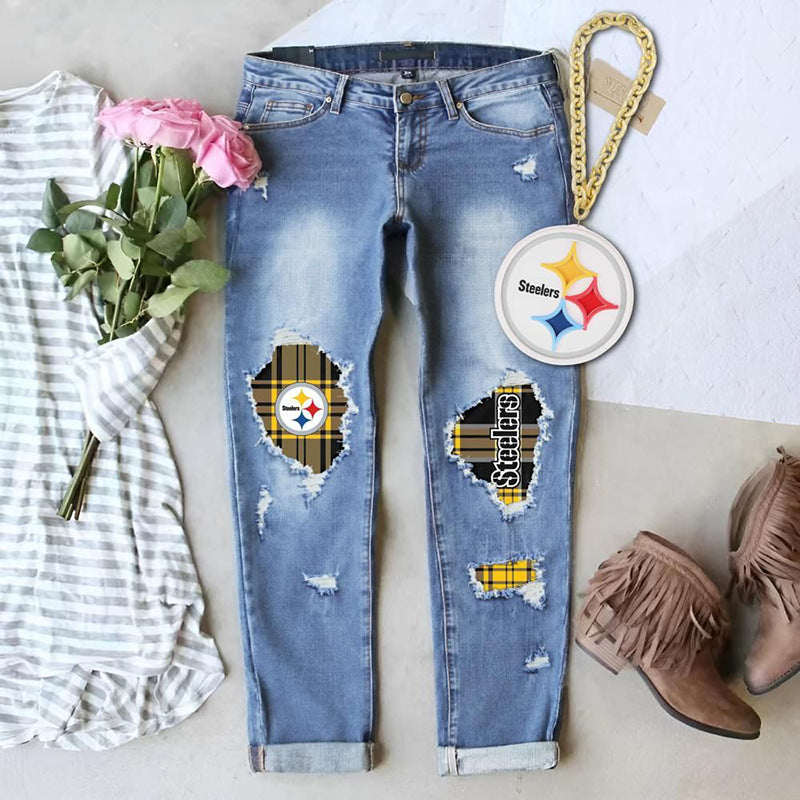 Women's Quality Fashion Winter Printing Ripped Mid Jeans