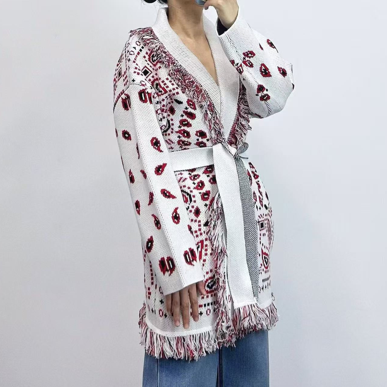 Bohemian Tassel Jacquard Mid-length Loose Lapels Sweaters