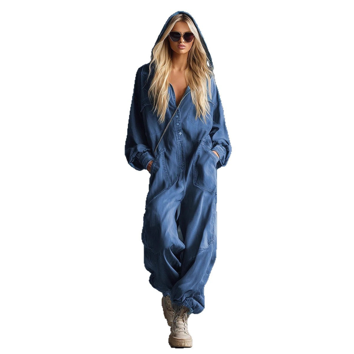 Loose Single-breasted Denim Large Pocket Hooded Plus Size