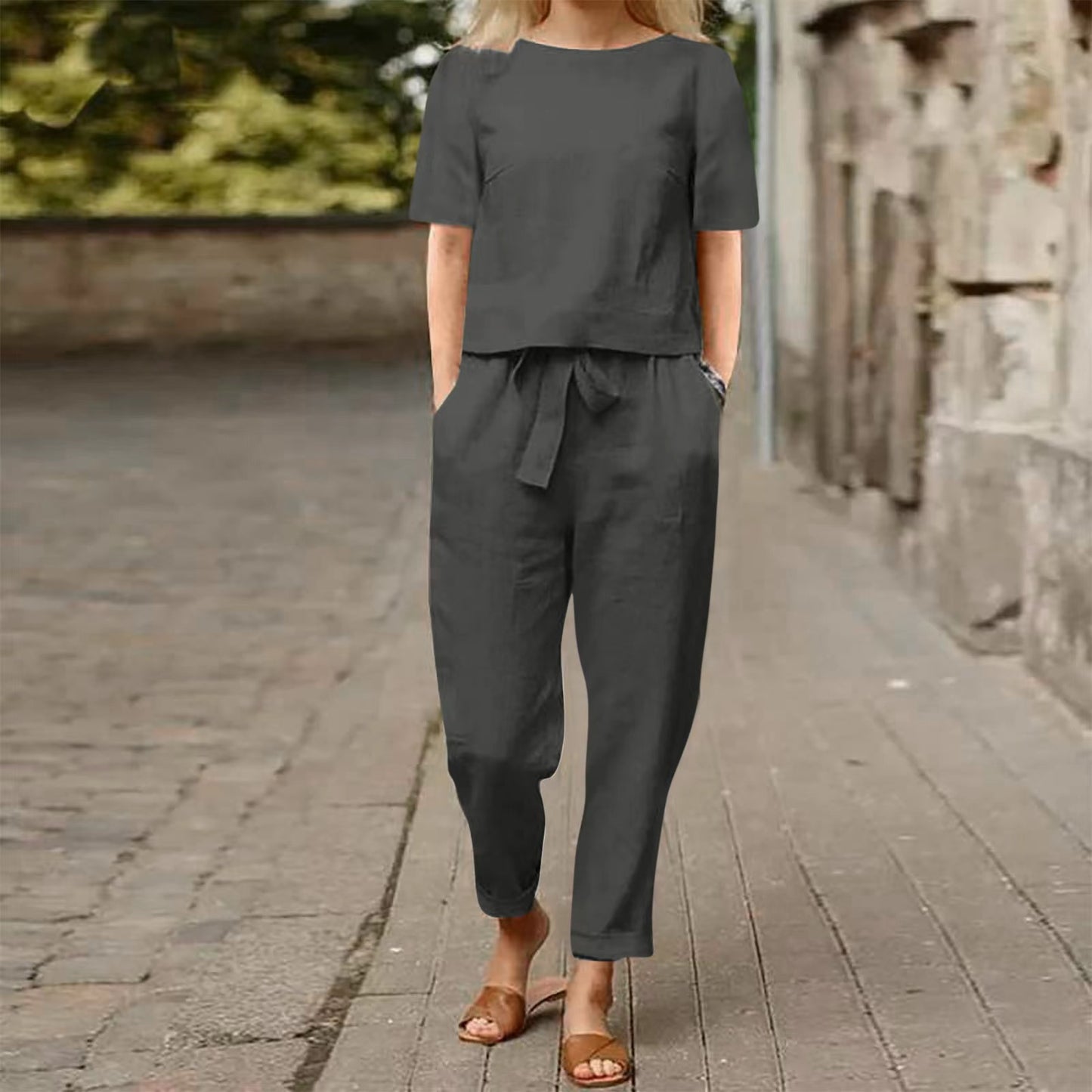 Women's Linen Summer Matching Half Sleeve Oversized Wide Leg Retro Two-piece Fashion Casual Suit