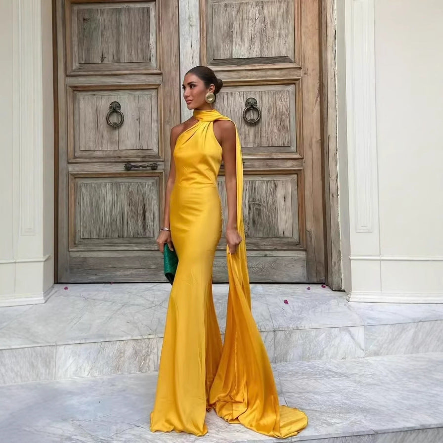 Women's Silk Satin Texture Ribbon Halter Dress Dresses