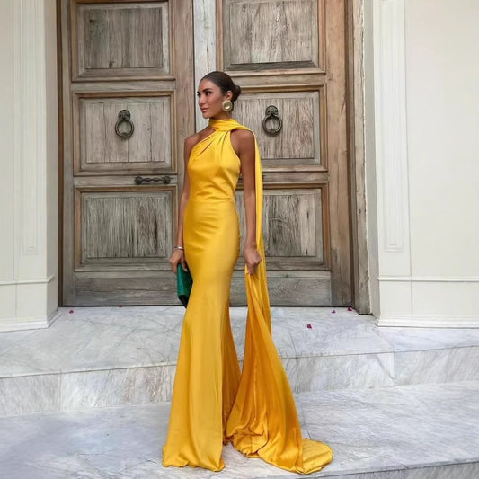 Women's Silk Satin Texture Ribbon Halter Dress Dresses
