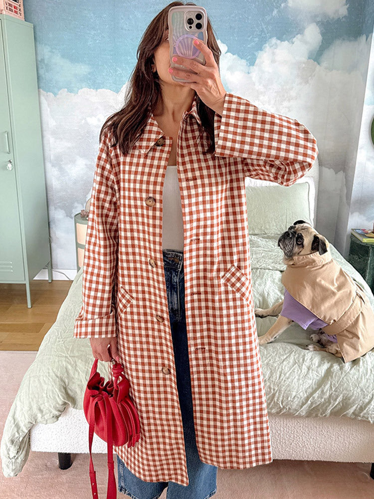 Women's Temperament Elegant Loose Lapel Plaid Long Coats