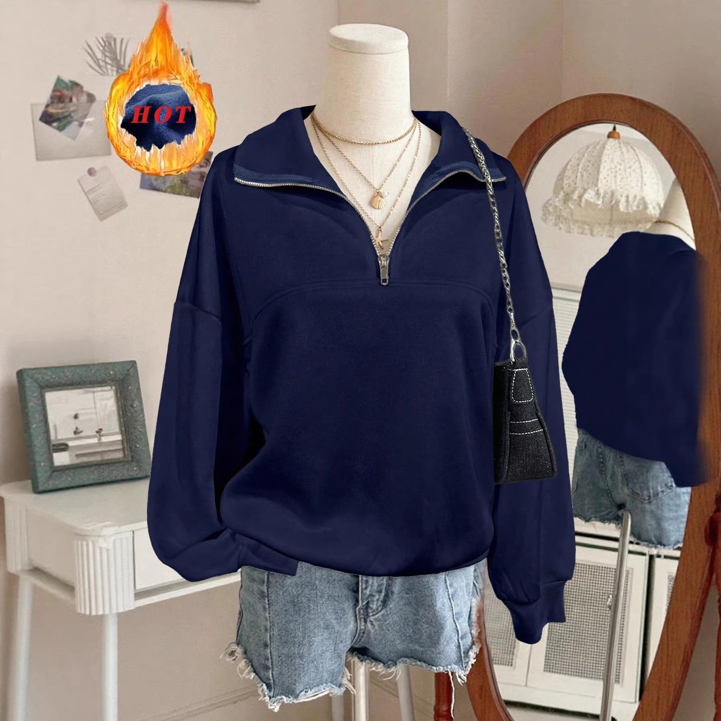Back To School Casual Long Sleeve Lapel Half Loose Women's Sweater, Sweater