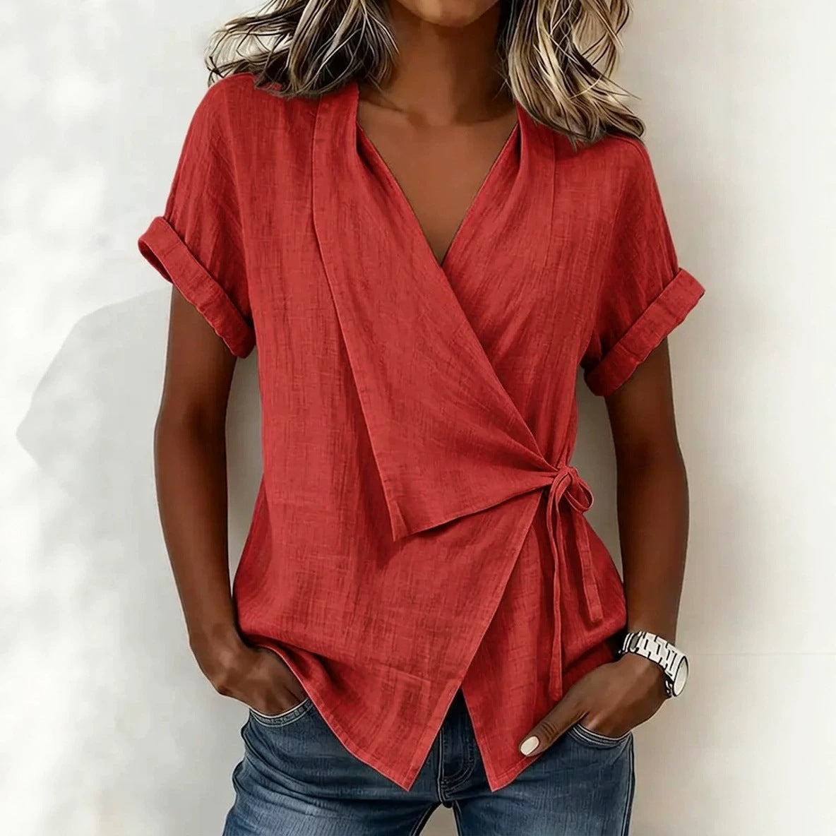 Summer Casual Solid Color Polo Collar Irregular Women's T-shirt