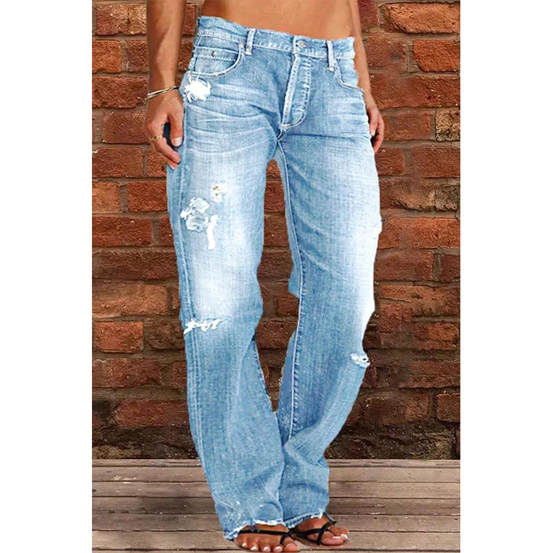 Women's Denim Trousers Trendy Mid Waist Ripped Jeans