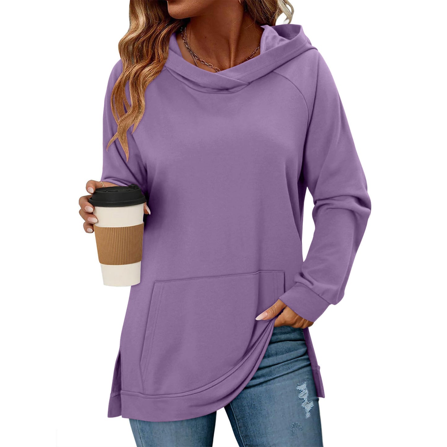 Women's Solid Color Hoodie Wipe Shoulder Long Sleeve Pocket Slit Hemline Women's Sweater, Sweater