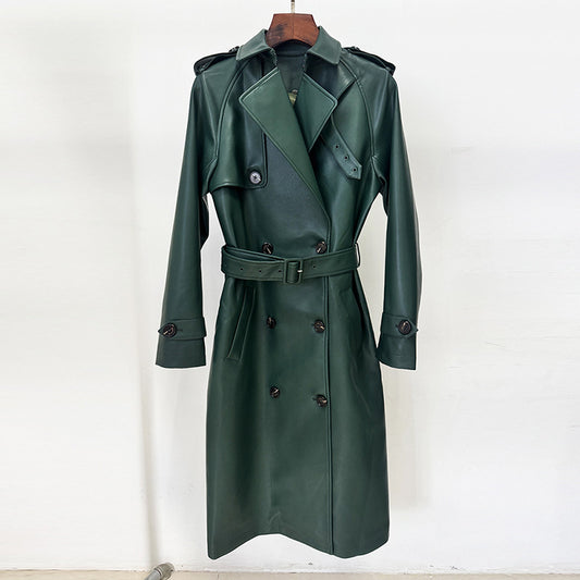 Fashionable Double-breasted Belt Mid-length Leather Wind Coats