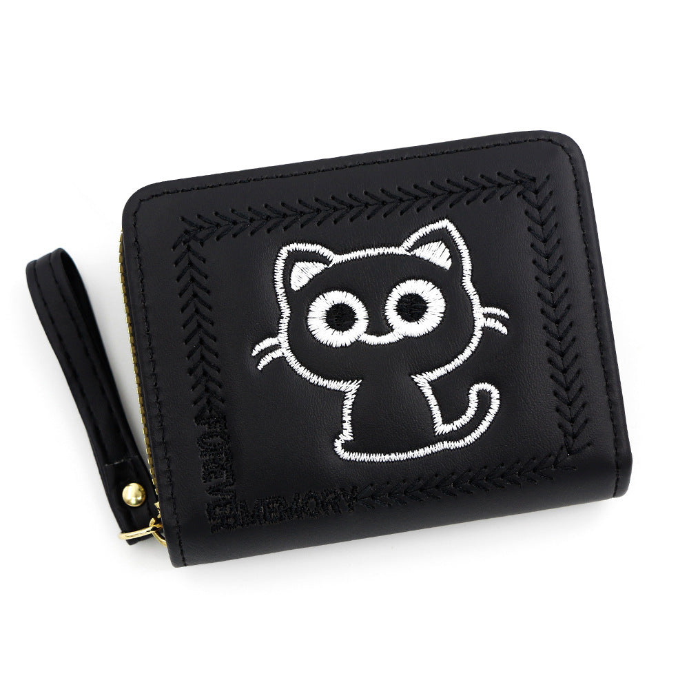 Women's Embroidered Kitty Short Multiple Slots Zipper Ladies Wallets