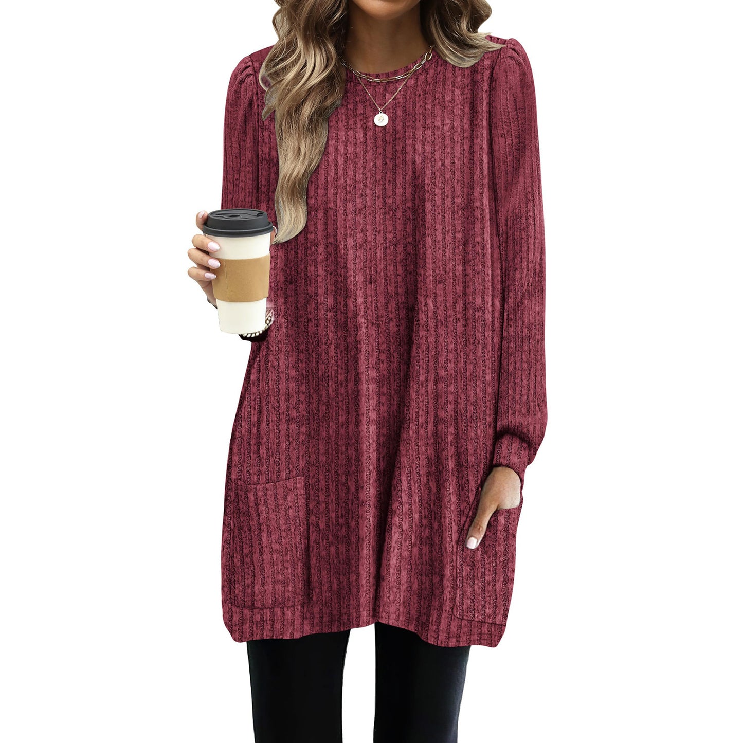 Pocket Lengthened Loose Casual Bubble Long-sleeved Women's T-shirt