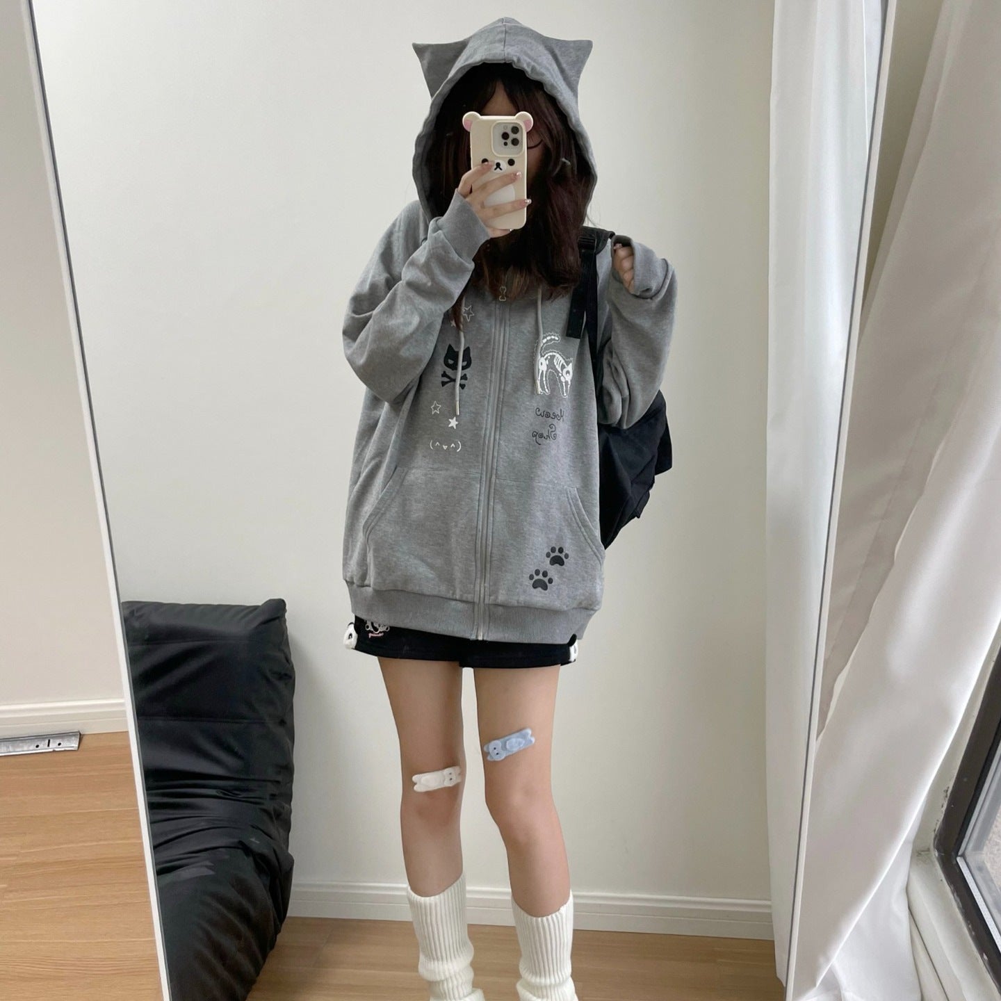 Women's Cat Gray Hooded Long Sleeve Fleece Cardigans