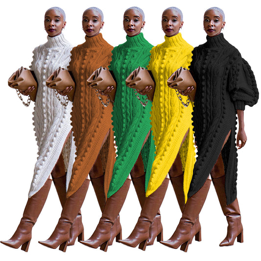 Women's Casual Turtleneck Slit Knitted Long Dress Sweaters
