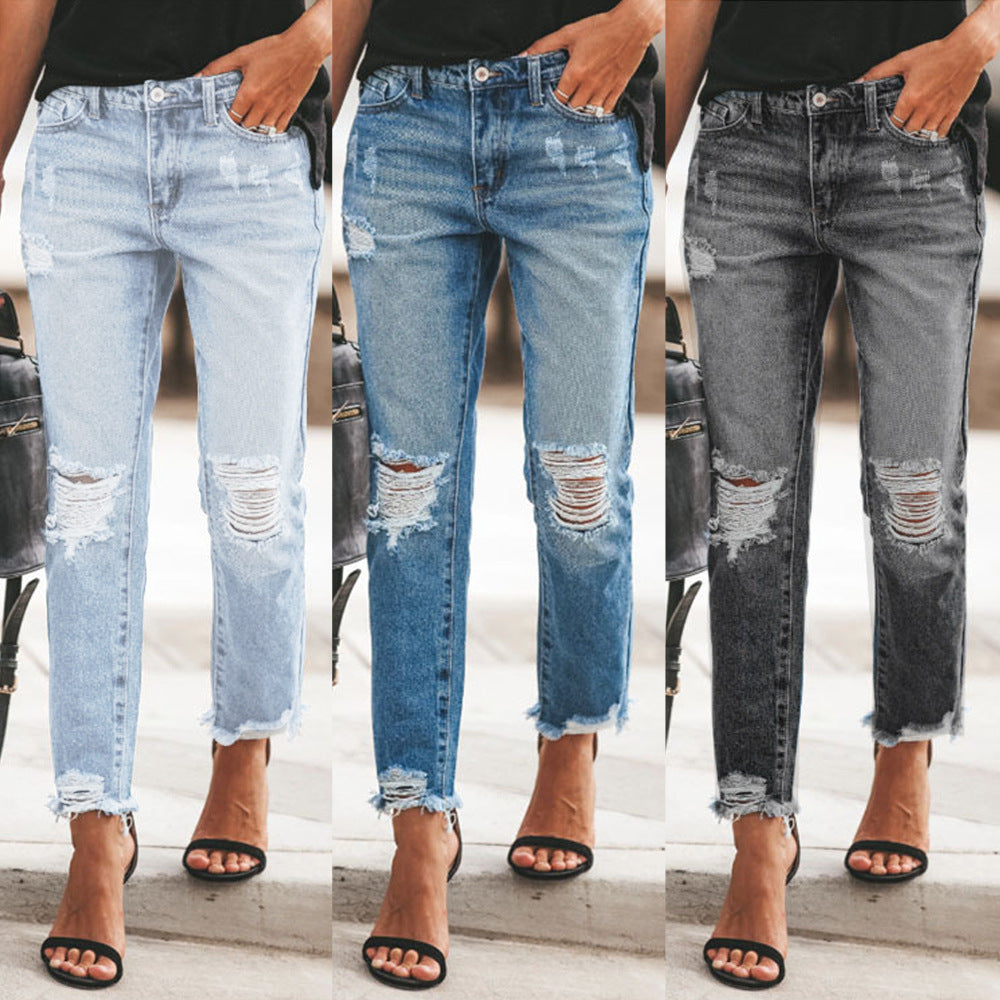 Women's Ripped Retro Fashionable Denim Trousers Women's Jeans