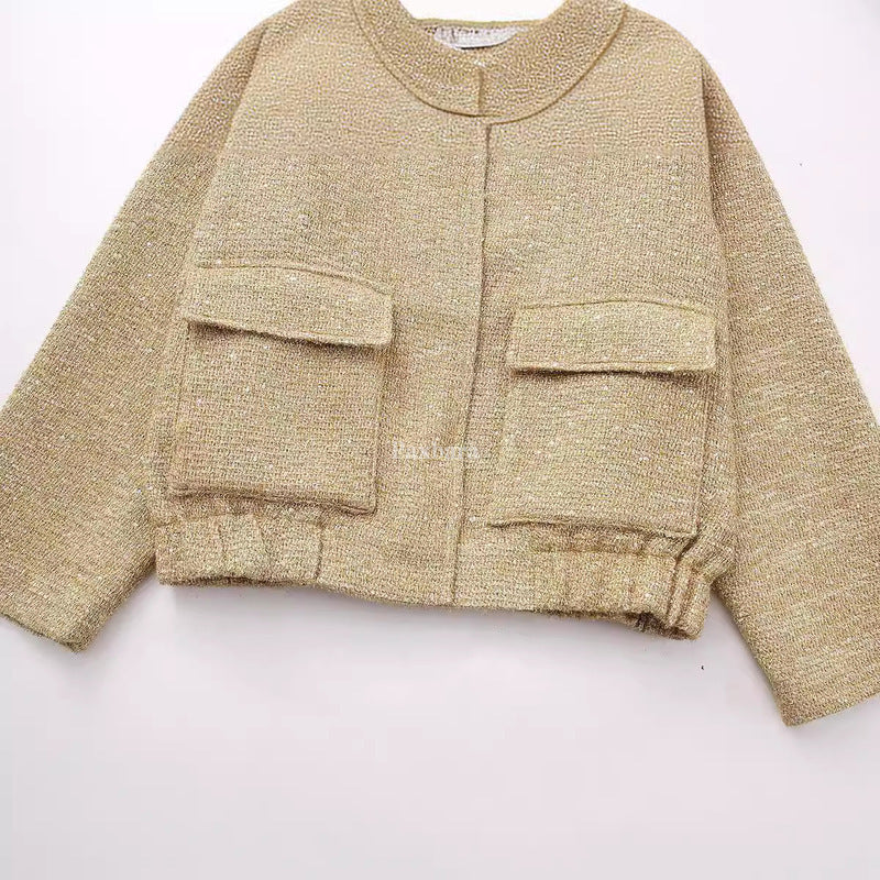 Women's Sequined Stand Collar Pocket Decoration Long Jackets
