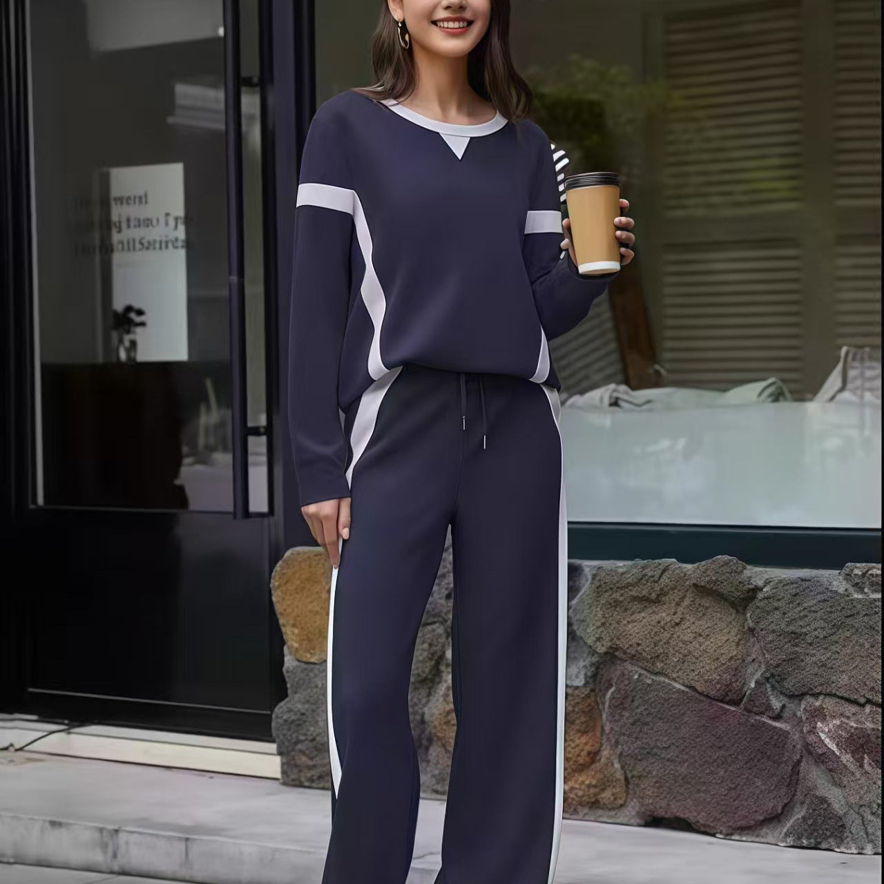 Women's Contrast Patchwork Sports Side Striped Two-piece Set Sweatshirt Fashion Casual Suit