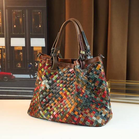 Women's Retro Hand-woven Color Leather Stitching Handbags