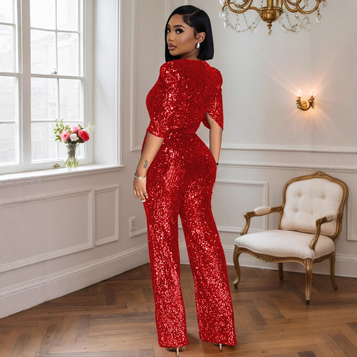 Women's Sexy Half-sleeve Slim Fit Sequined Party Jumpsuits