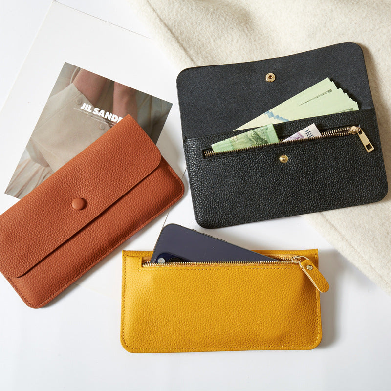 Women's Envelope Yellow Long Cowhide Clutch Leather Ladies Wallets