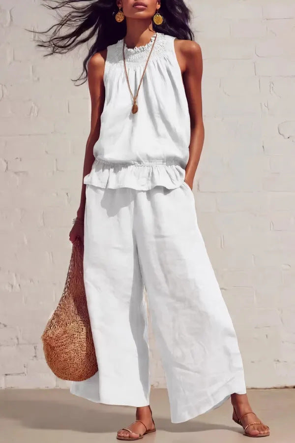 Sleeveless Cool Elastic Waist Design Wide Tops