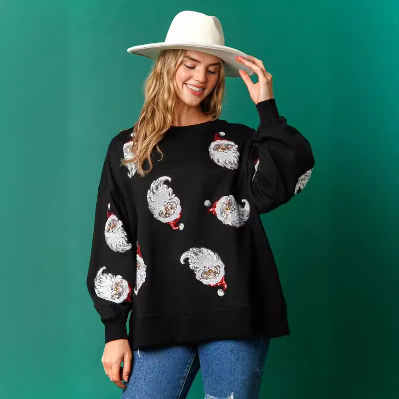 Women's Crew Neck Casual Loose Christmas Sequined Sweaters