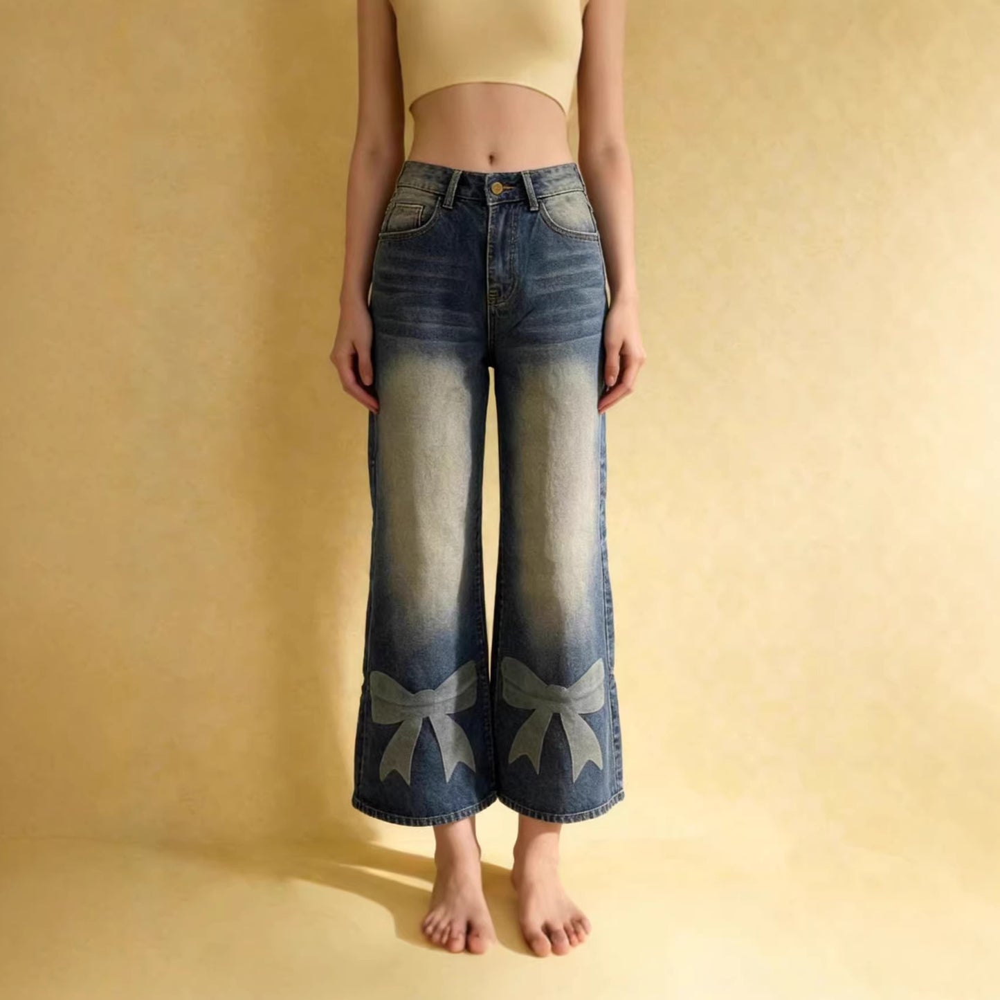 Women's Loose Casual Retro Wide Leg Bow Print Women's Jeans