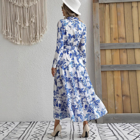 Women's Unique Blue Printed Long Dress Dresses