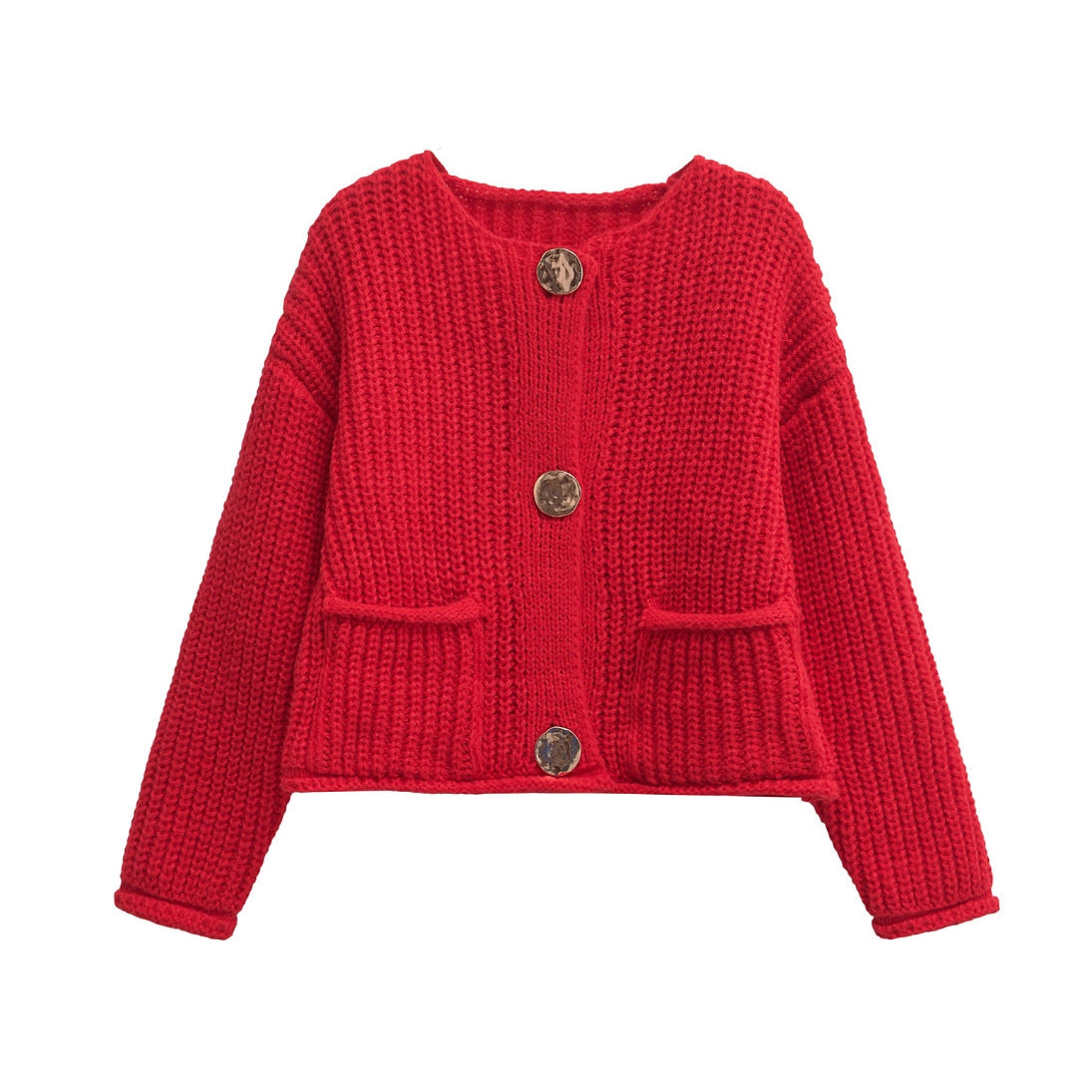 Women's Solid Color Single-breasted Double Pocket Thick Sweaters