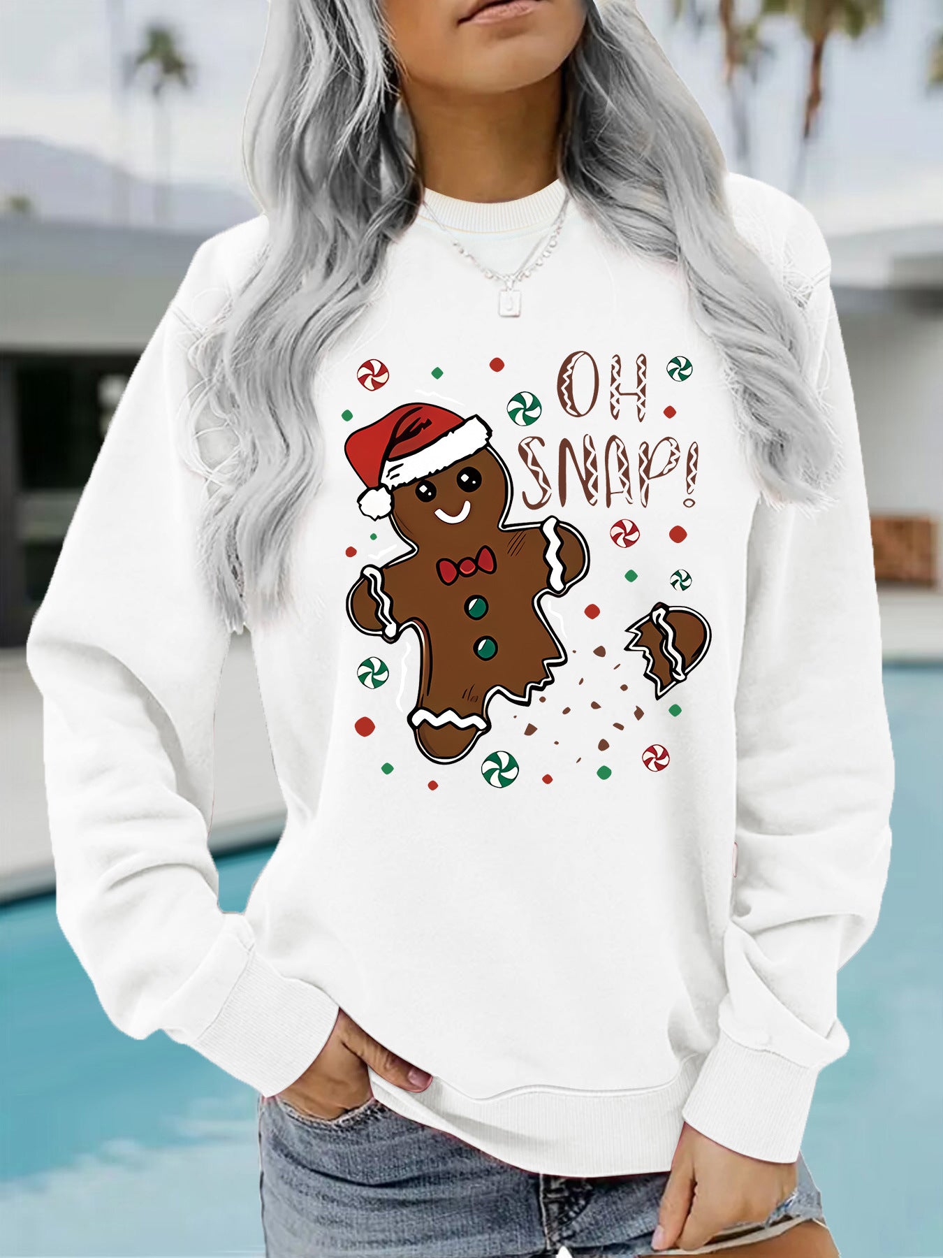 Female Round Neck Christmas Gingerbread Pattern Printing Casual Long Women's Sweater, Sweater