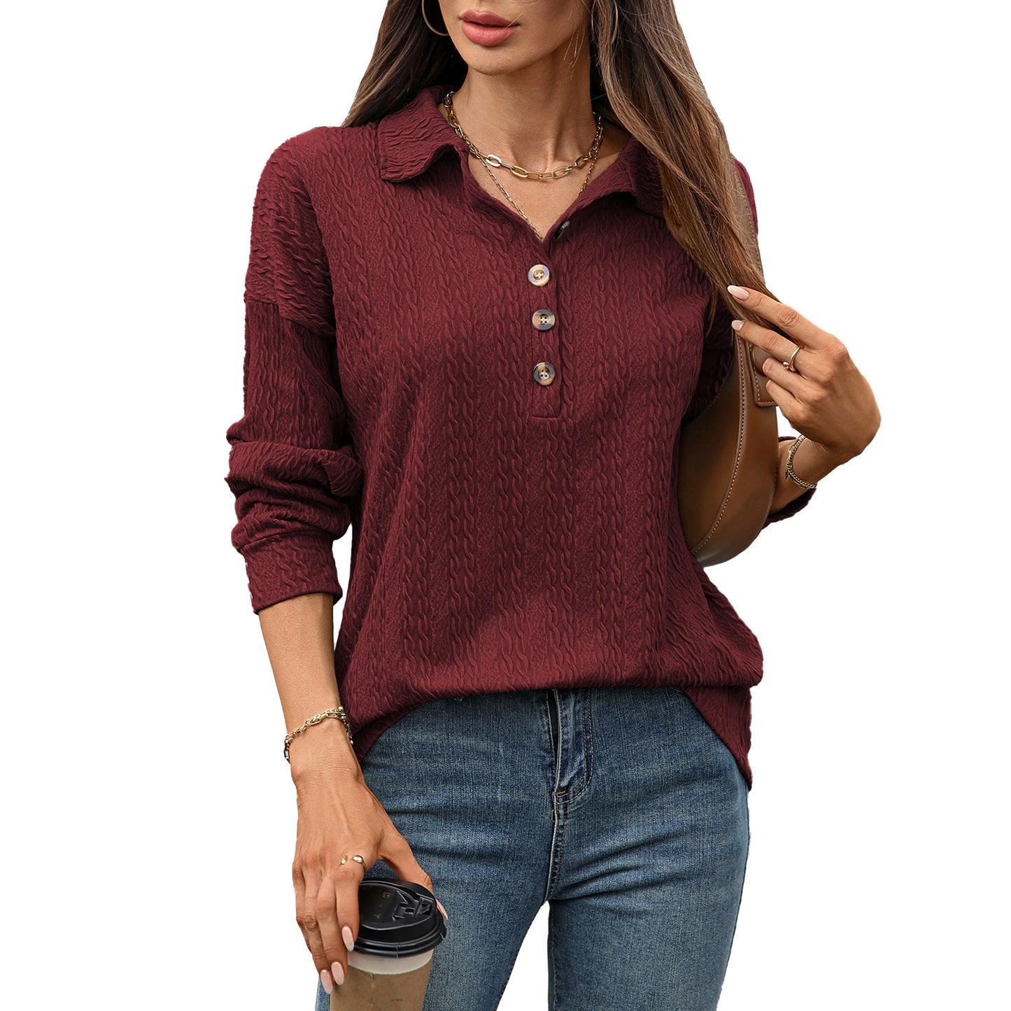 Women's Solid Color Polo Collar Button Loose Long Sleeve Women's Sweater, Sweater