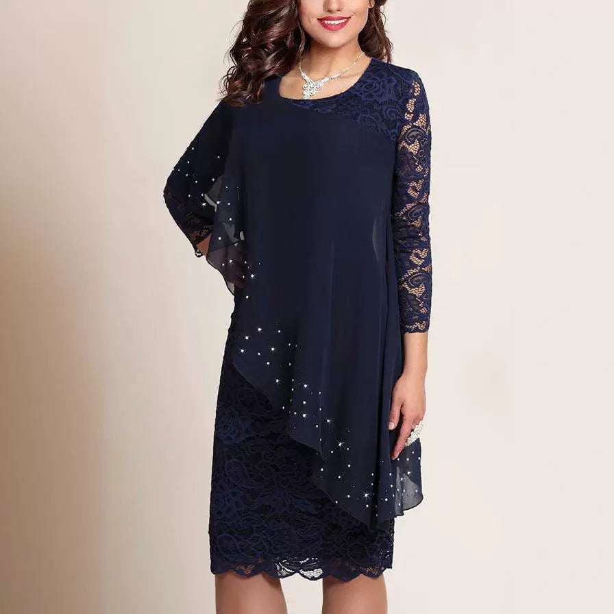 Solid Color Lace Stitching Elegant Cropped Sleeves Dresses