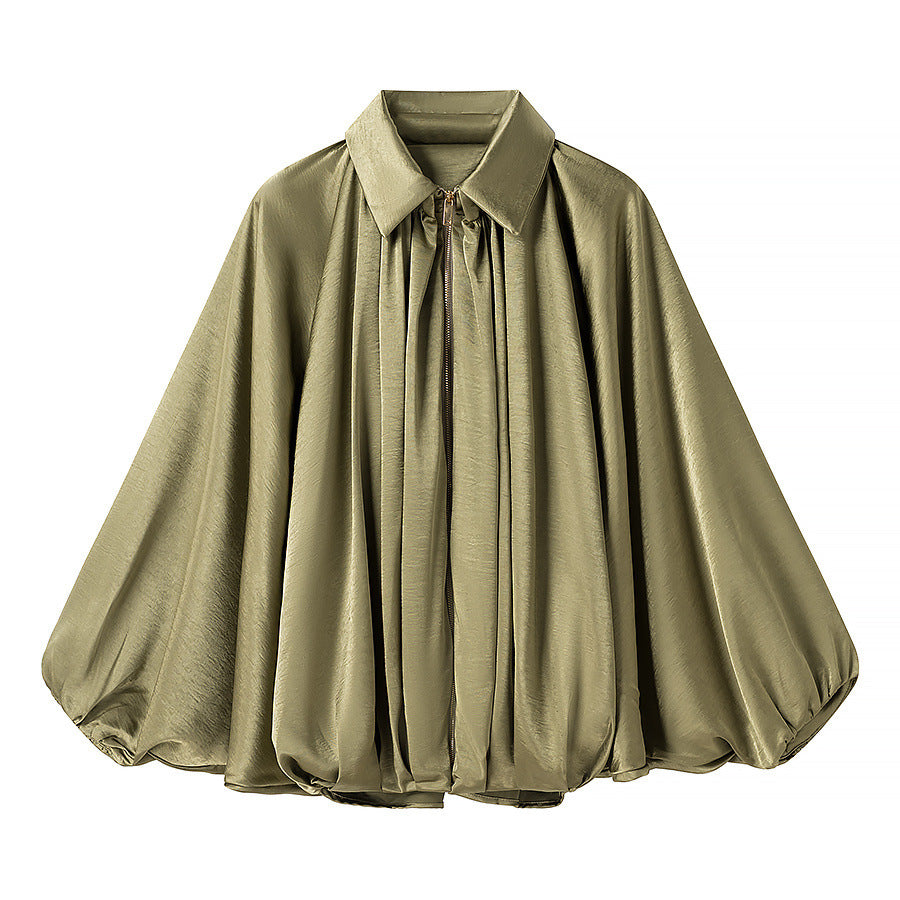 Women's Graceful Fashionable Lapel Lantern Sleeve Silk Blouses