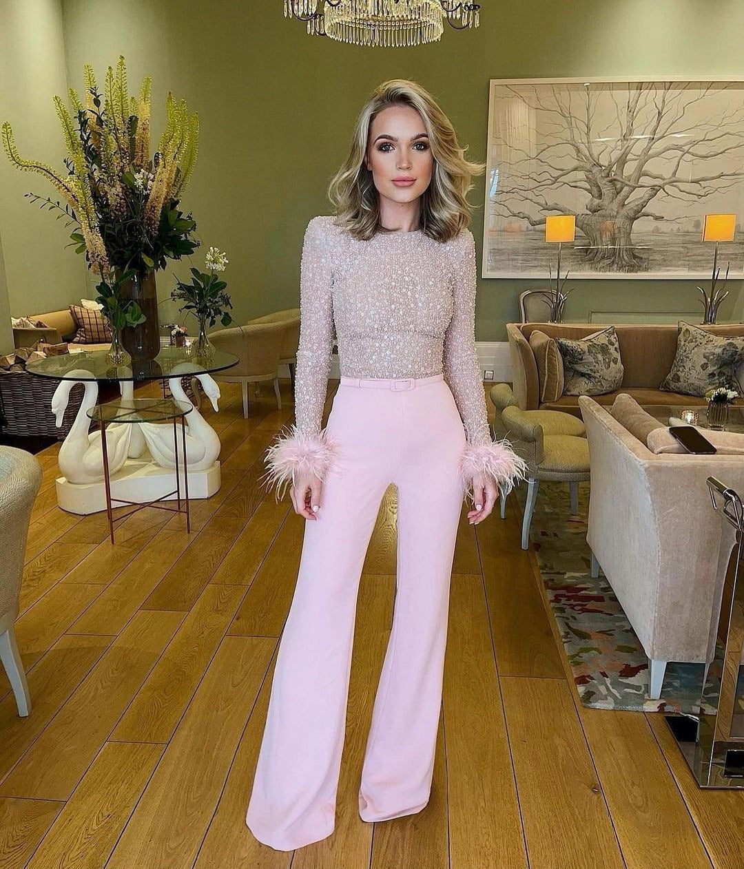 Cool Fashion Feather Sequins Stitching Sexy Jumpsuits